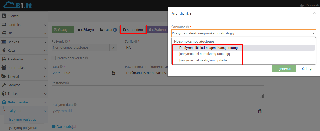 Spausdinimo šablonų pasirinkimo langas