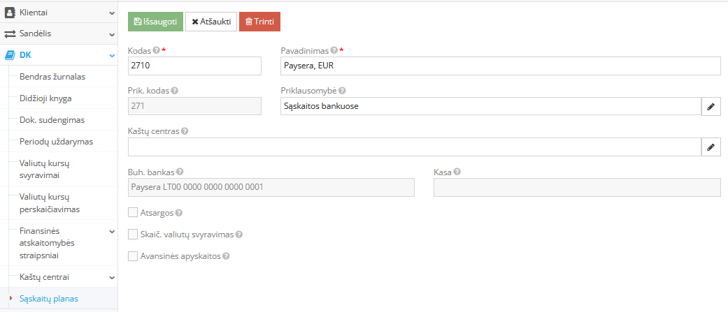 Naujos korespondentinės sąskaitos kūrimo pavyzdys