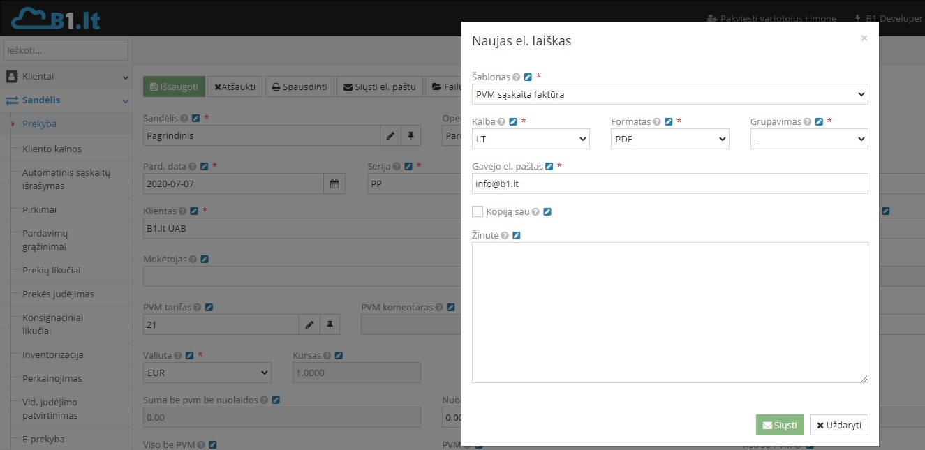 Pardavimo sąskaitos siuntimo el. paštu langas Site.pro programoje