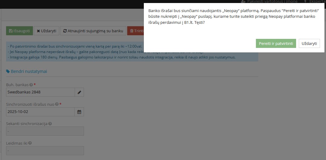 Neopay integracijos patvirtinimo langas