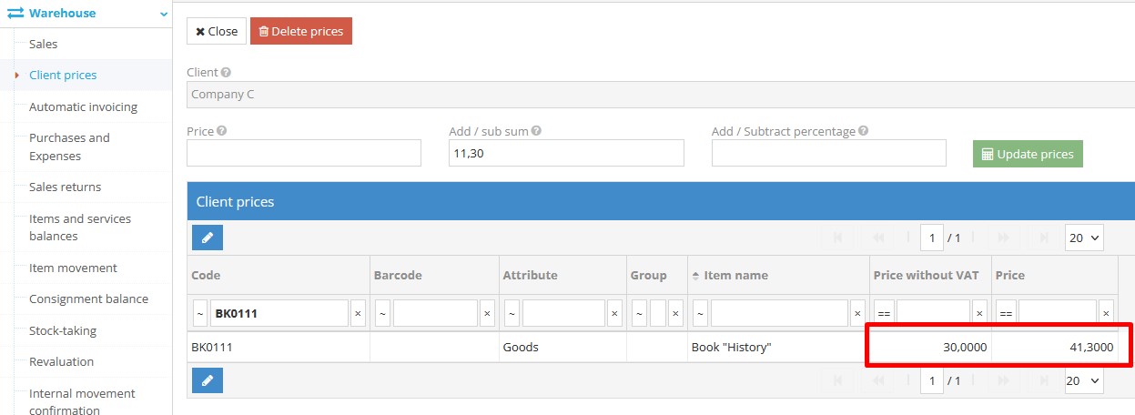 New price displayed after adjustment in client price table