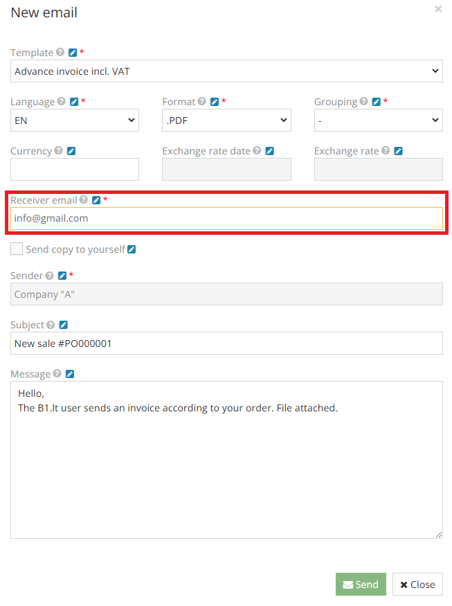 New email sending window for sales invoice