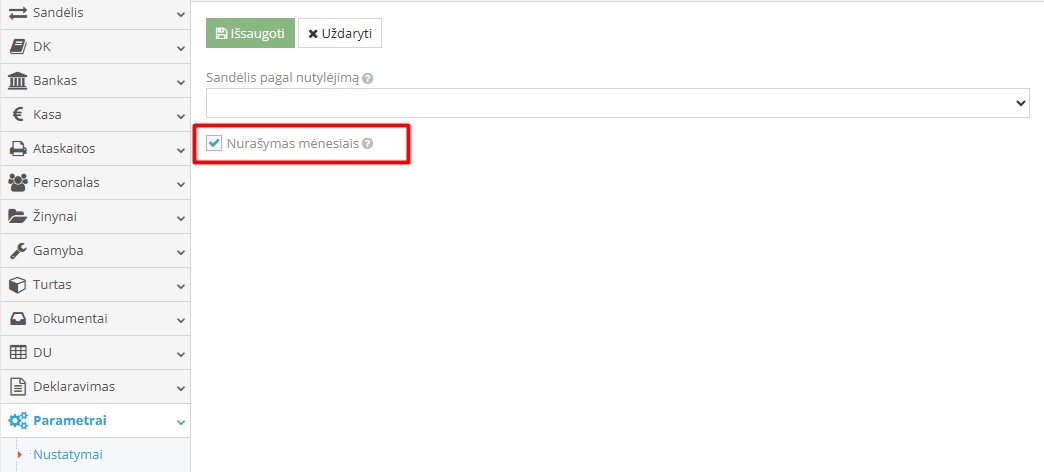Nurašymo pagal mėnesius nustatymo langas