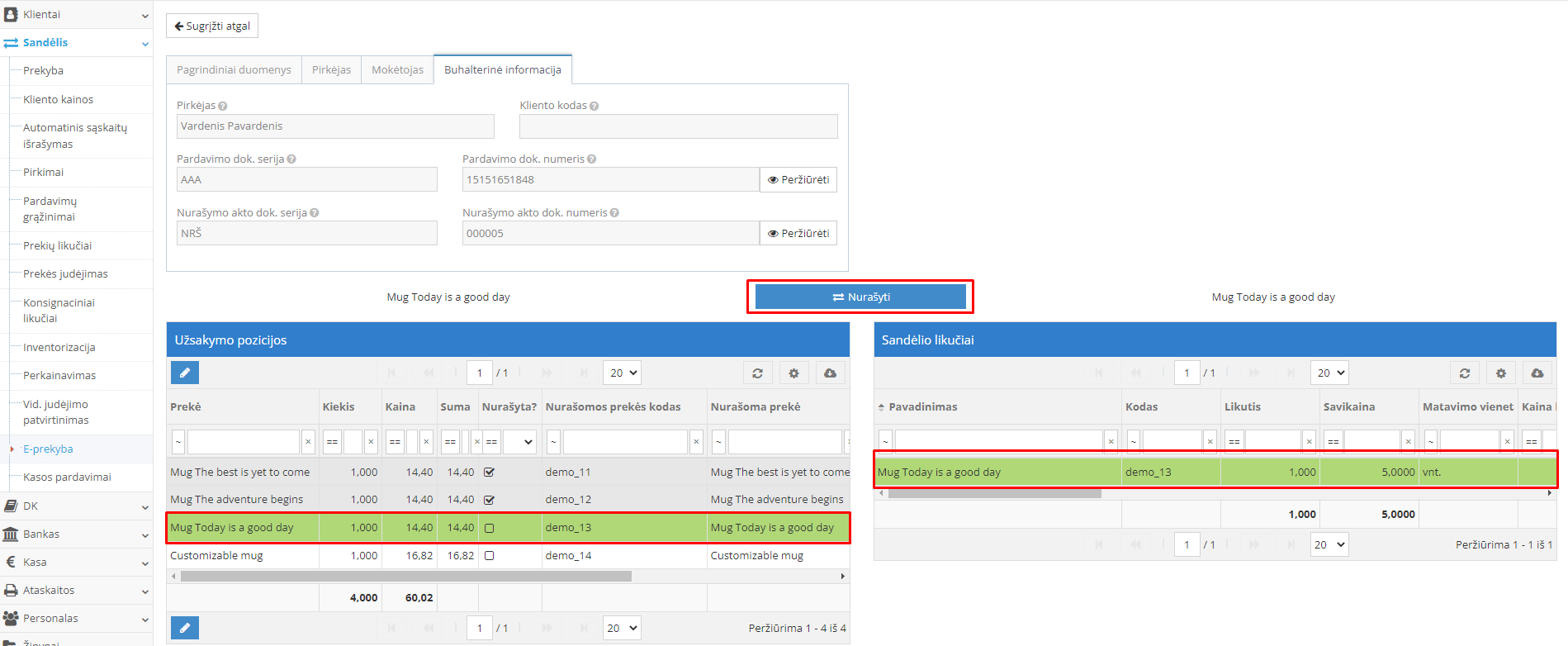 Prekės pasirinkimas nurašymui užsakymo lange
