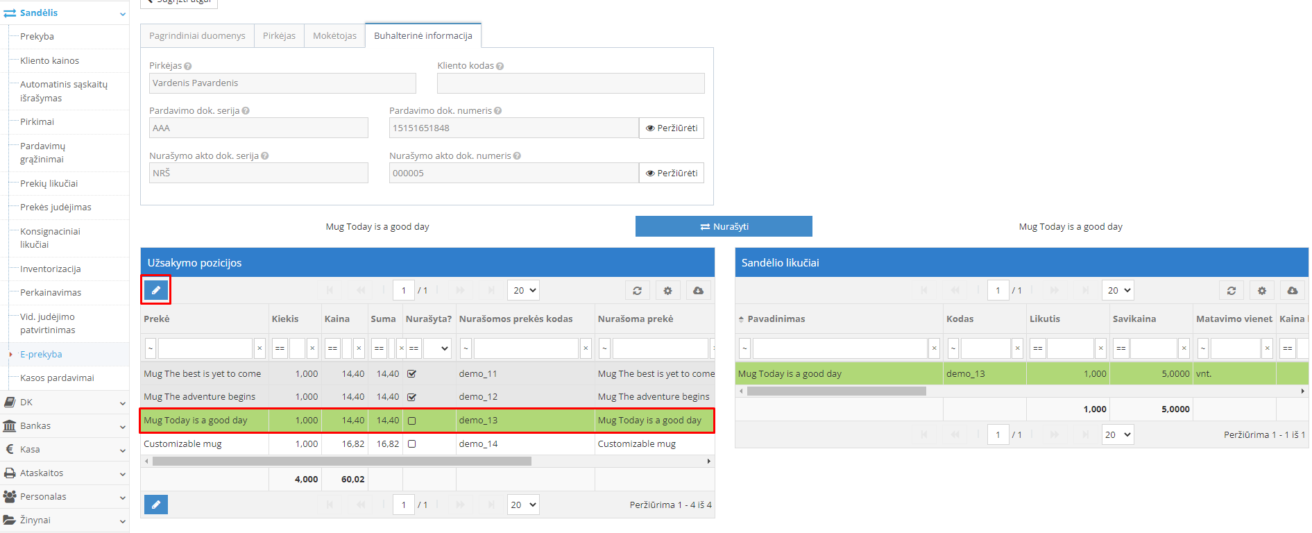 Kitos prekės pasirinkimas nurašymui užsakymo pozicijoje