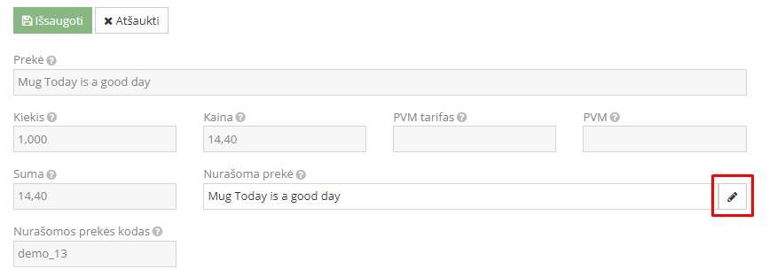 Kitos prekės pasirinkimas nurašymo lange