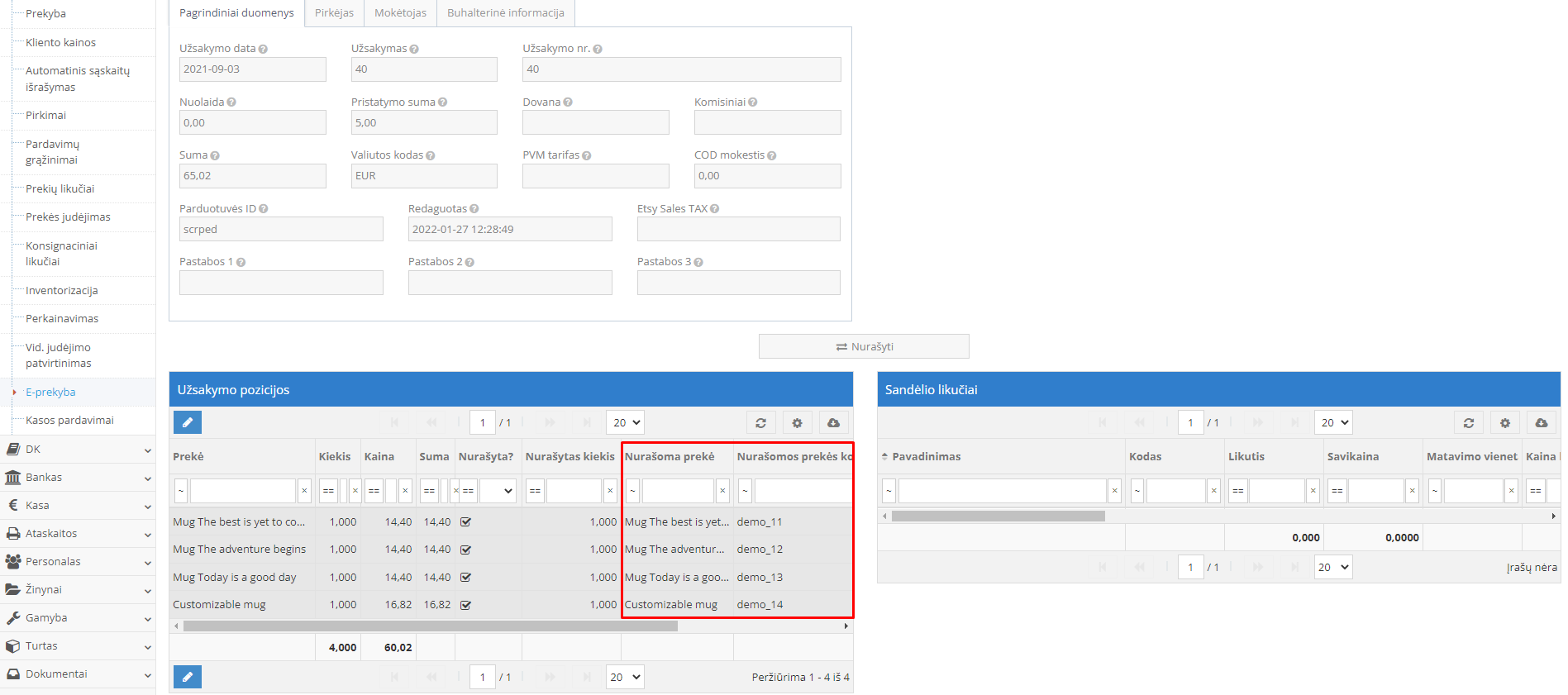 Prekės nurašymo informacija užsakyme