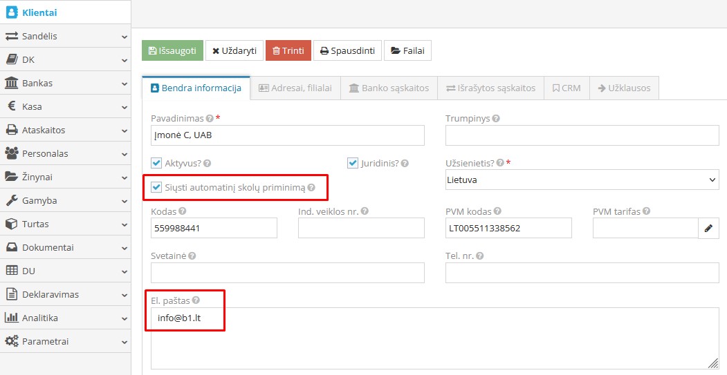 Nustatymas kliento kortelėje automatinio priminimo siuntimui