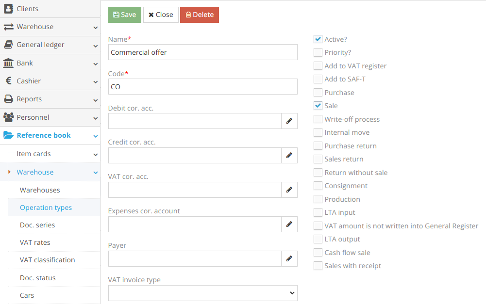 Creating a new operation type in warehouse reference book