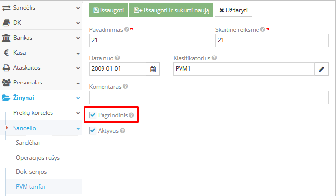 Pagrindinio PVM tarifo nustatymai