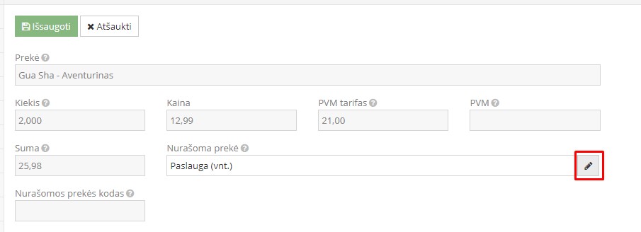 Nurašomos prekės redagavimas lange
