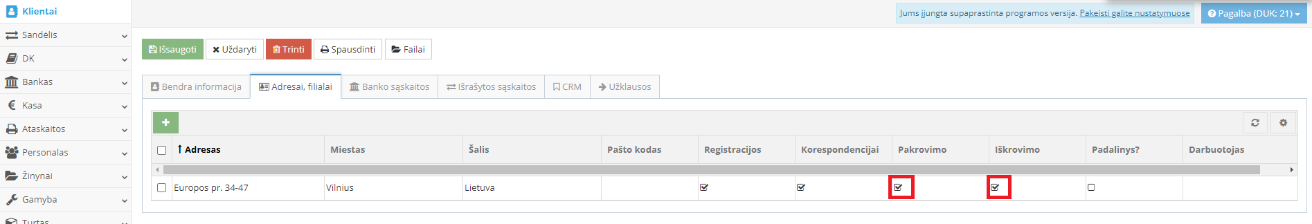 Pakrovimo ir iškrovimo adresų įvedimo langas