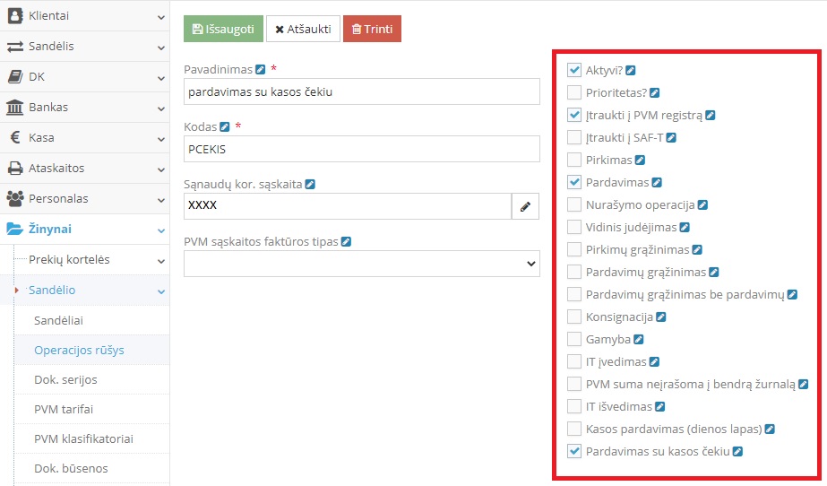 Pardavimo su kasos čekiu operacijos rūšies sukūrimas