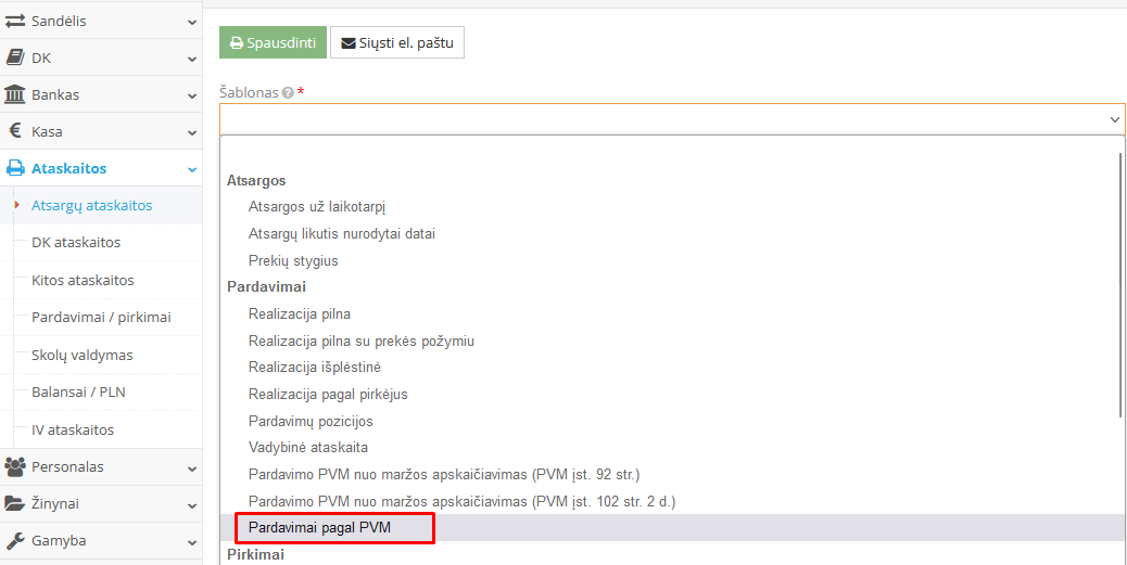 Pardavimo ataskaitos pasirinkimo langas