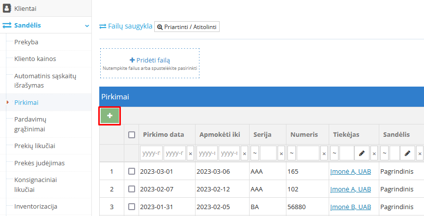 Naujo pirkimo įvedimo langas