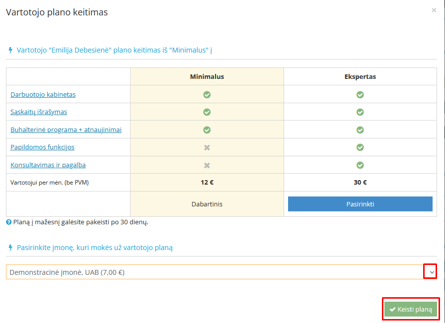 Įmonės pasirinkimo langas plano apmokėjimui