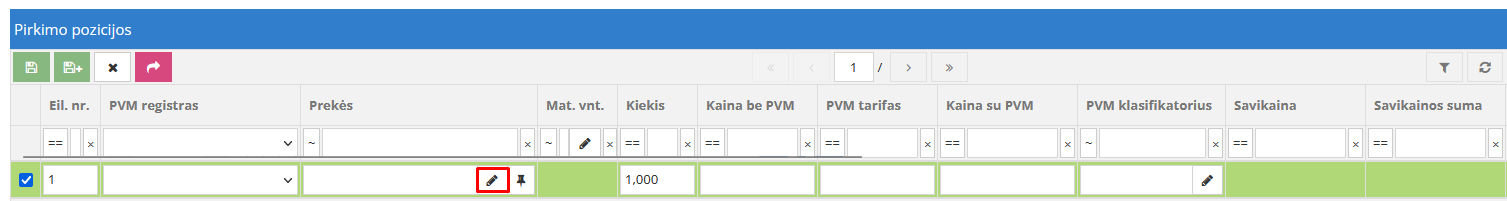 Prekės ar paslaugos kortelės kūrimo langas