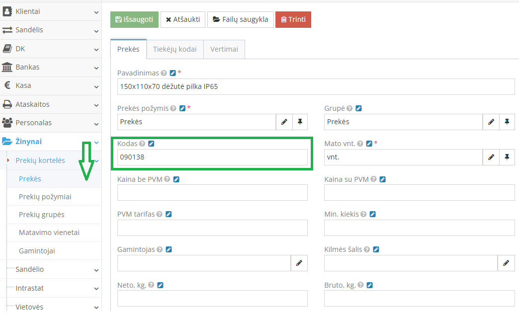 Prekės kodo sąsajos nustatymai