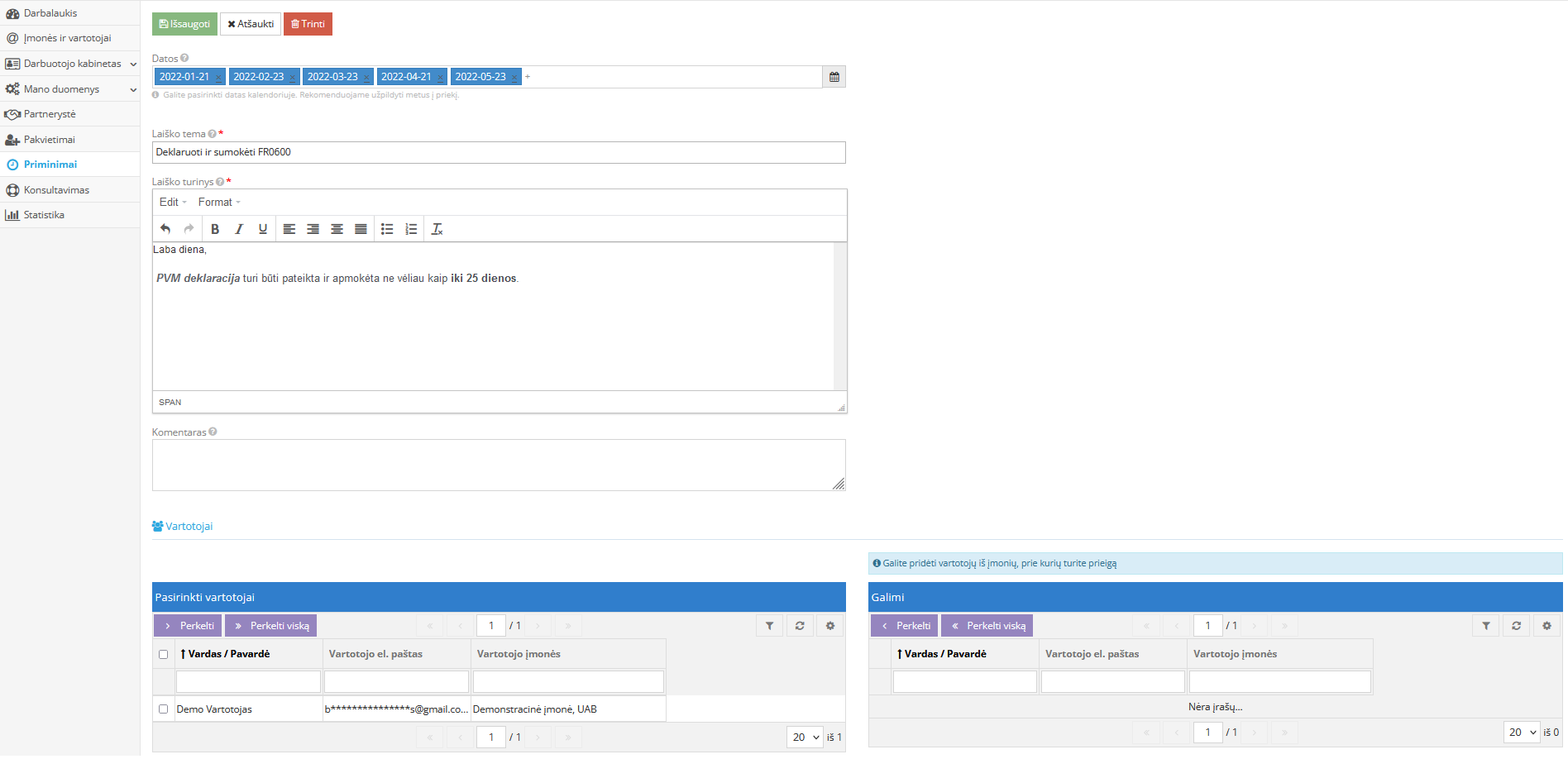 Priminimo laiško siuntimo langas