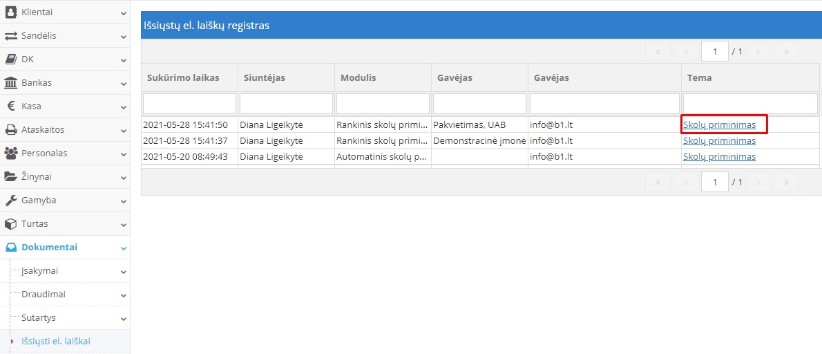 Skolų priminimo peržiūros langas