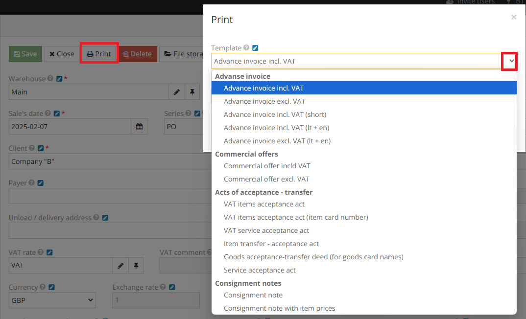 Printing proforma invoice and selecting template option