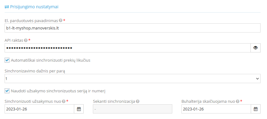 Prisijungimo nustatymų langas Verskis integracijai