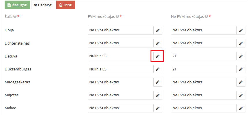 PVM tarifų redagavimas šalių sąraše integracijoje