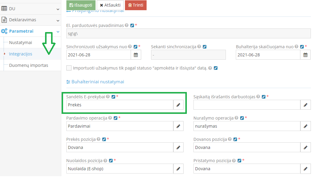 Sandėlio integracijos nustatymų langas