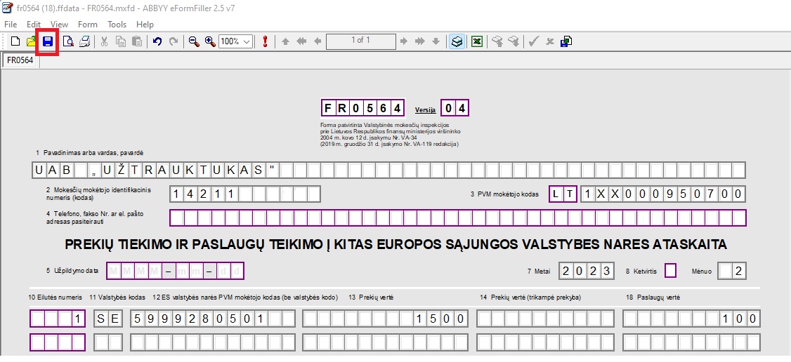 Deklaracijos išsaugojimo langas Abbyy eFormFiller programoje