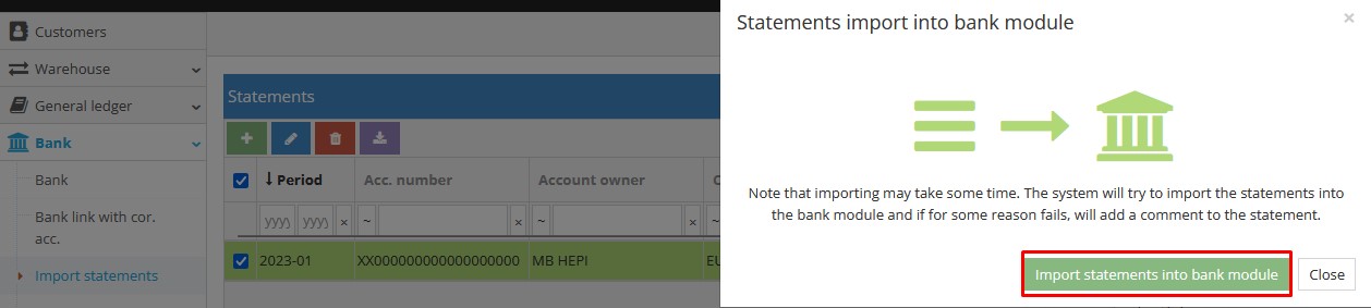 Confirmation of saving imported bank statement entries