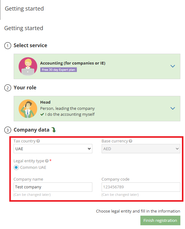 Entering company tax country, legal type, name, and code