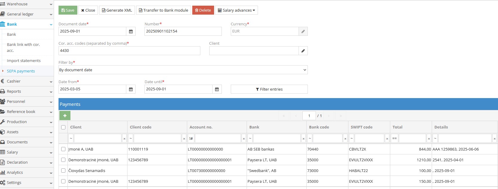 Generating SEPA payments in the system