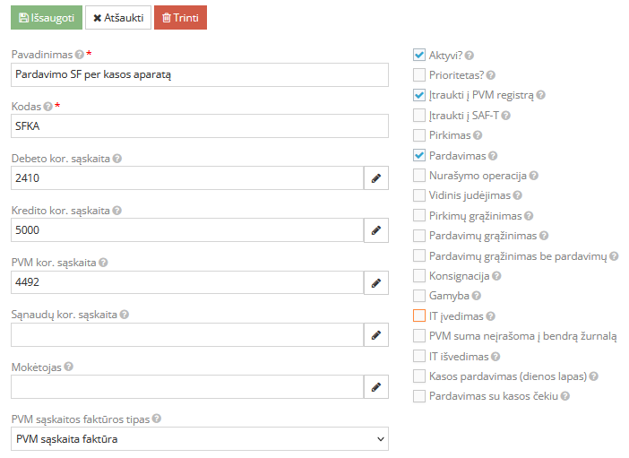 Pardavimo operacijos rūšis su kvito tipu