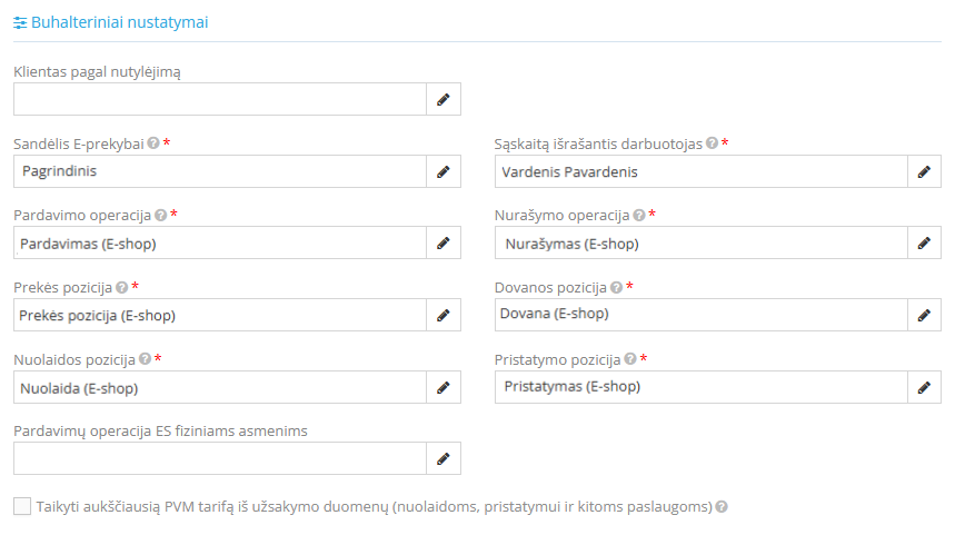 Buhalterinių nustatymų pavyzdys Shopify integracijoje