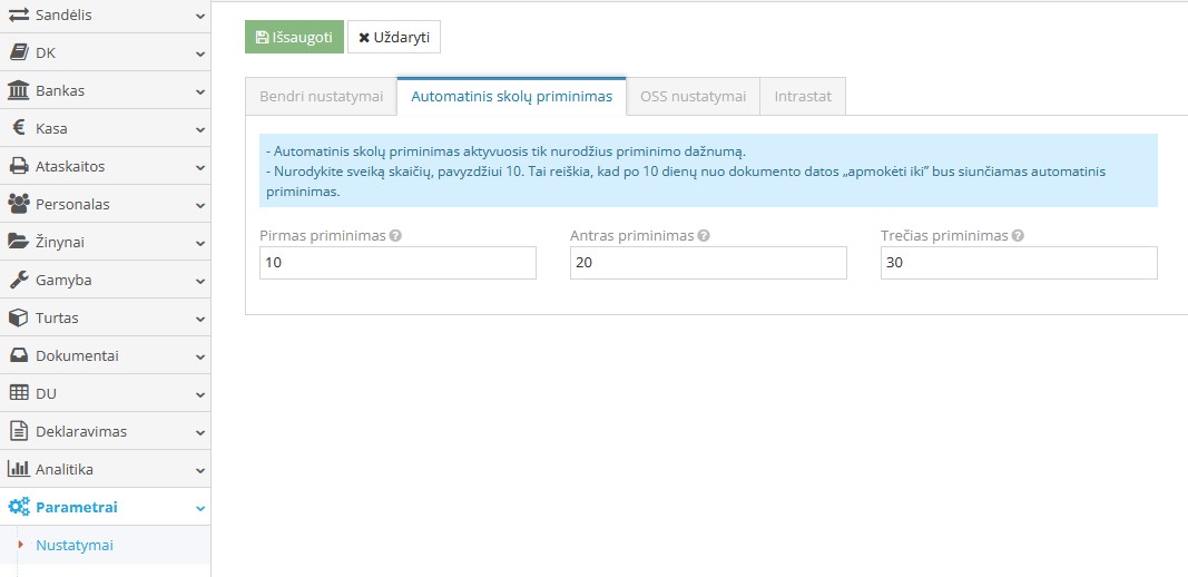 Skolų priminimo nustatymų langas