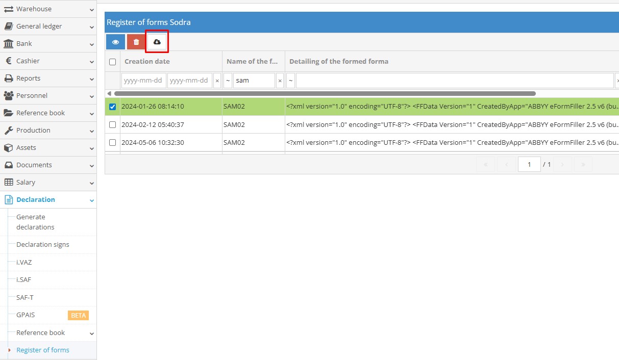 Sodra form register showing status column