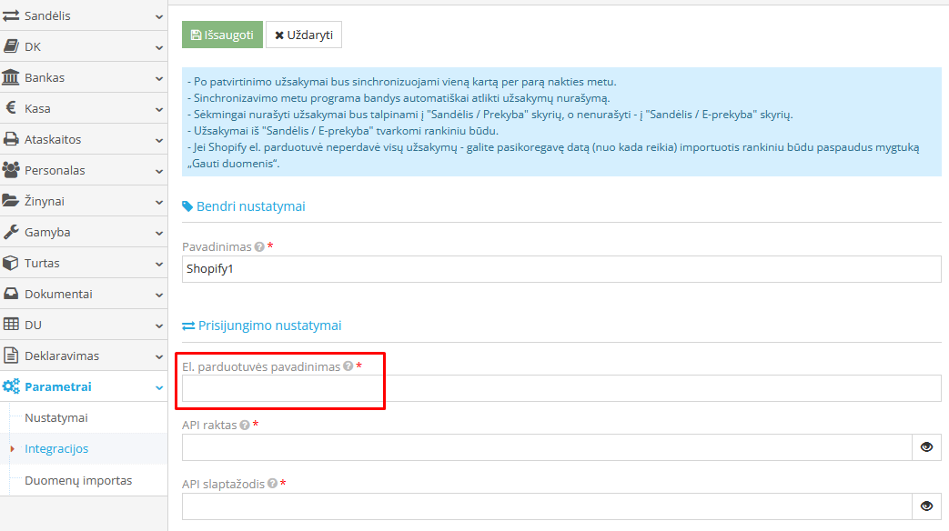 El. parduotuvės pavadinimo radimas Shopify paskyroje