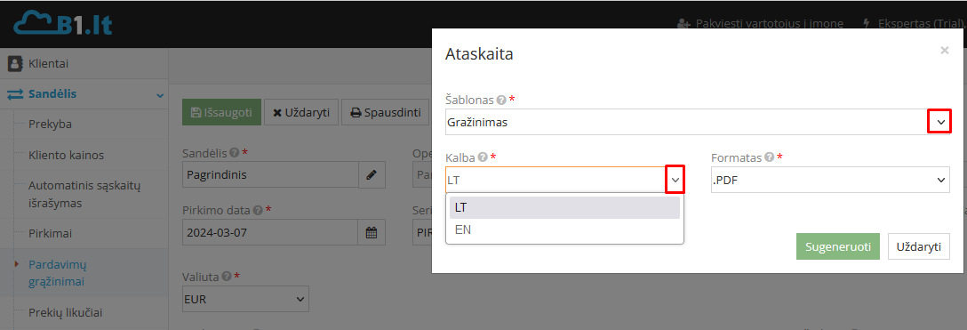 Grąžinimo dokumento spausdinimo mygtukas