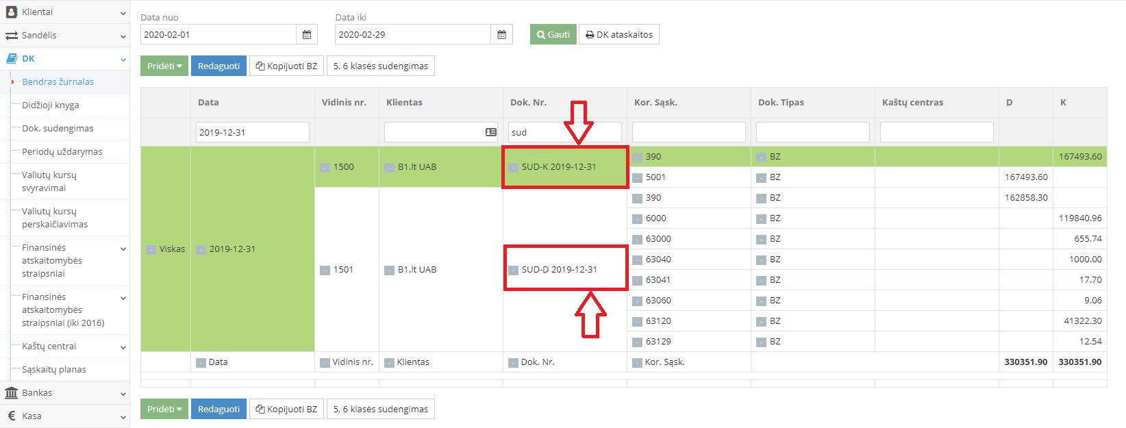 Sudengimo operacijos įrašai Bendrame žurnale