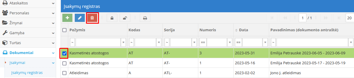 Įsakymo trynimo mygtukas dokumentų registre