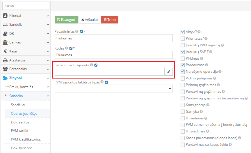 Inventorizacijos trūkumo operacijos iliustracija