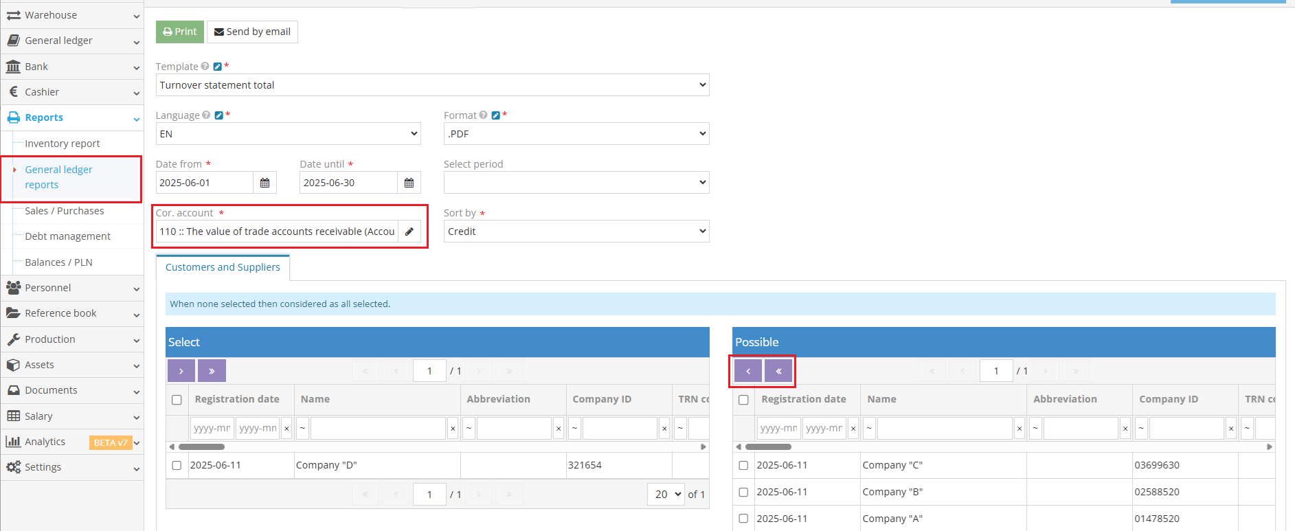General ledger turnover statement report example