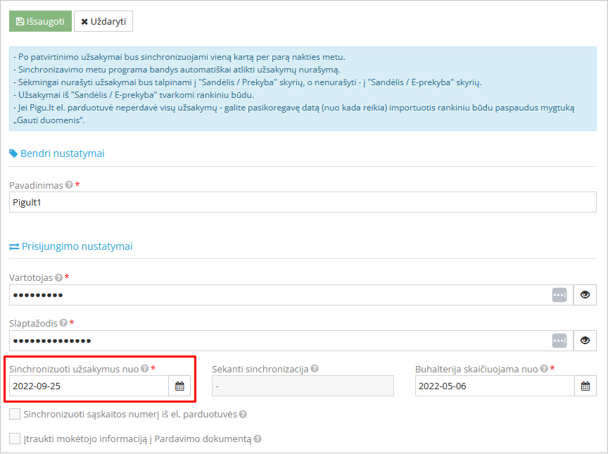 Užsakymų importo klaidos pranešimas E-prekybos modulyje