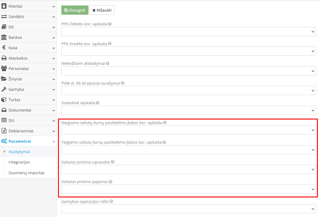 Valiutų kursų įtakos nustatymų langas buhalterijoje