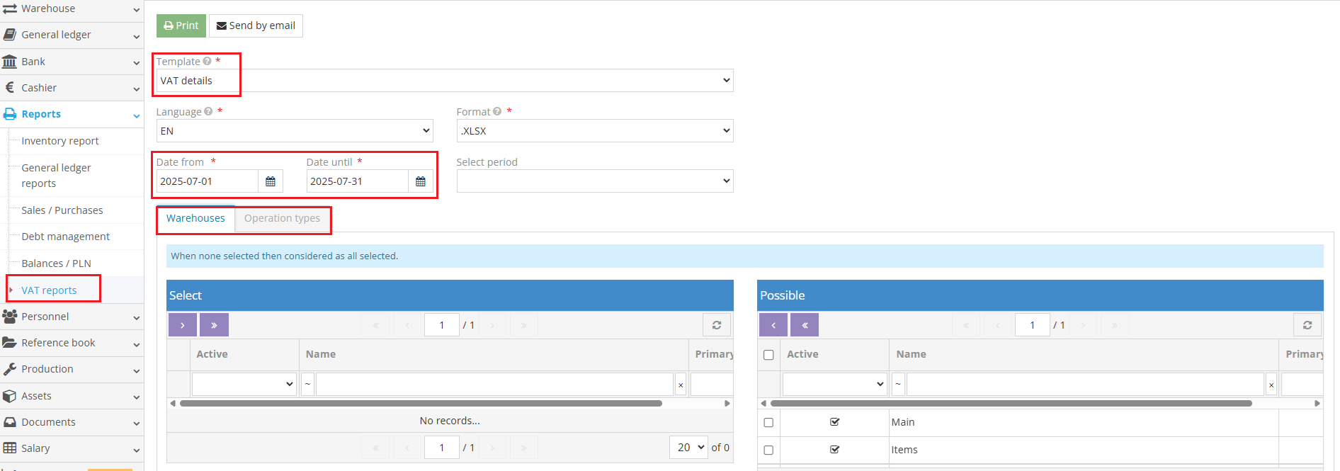 Example of VAT reports page interface