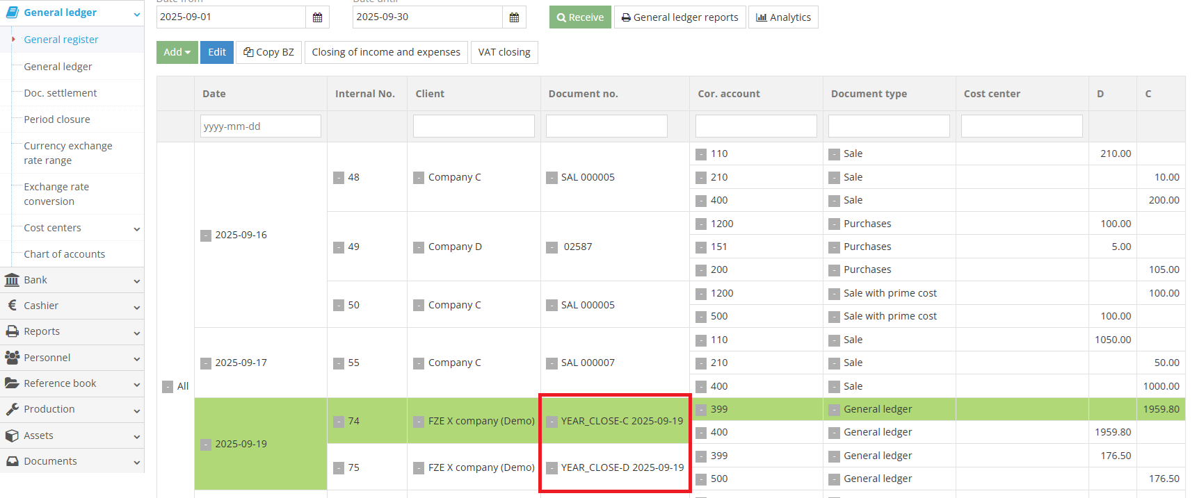 Year closed entries in the general register