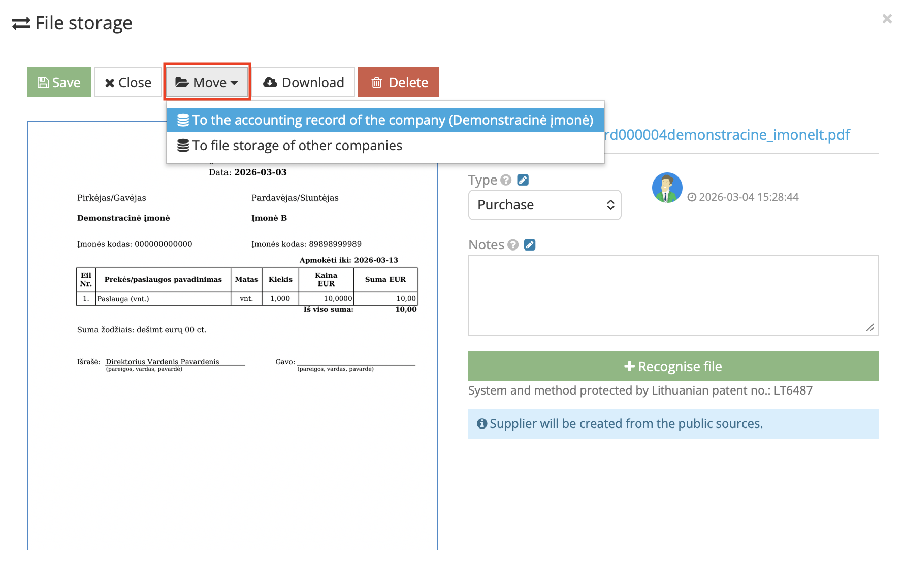 Document transfer window to company accounting