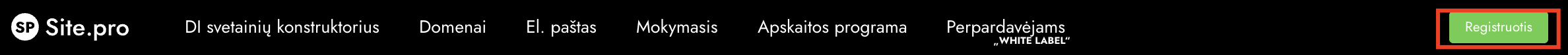 Registracijos mygtuko pasirinkimas svetainėje Site.pro