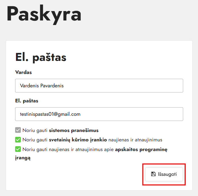 Keisti el. pašto adresą, vardą ir pavardę