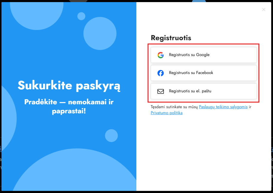 Registracijos mygtuko pasirinkimas svetainėje Site.pro